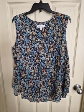 Size L Cristina B Navy Floral Sleeveless Blouse